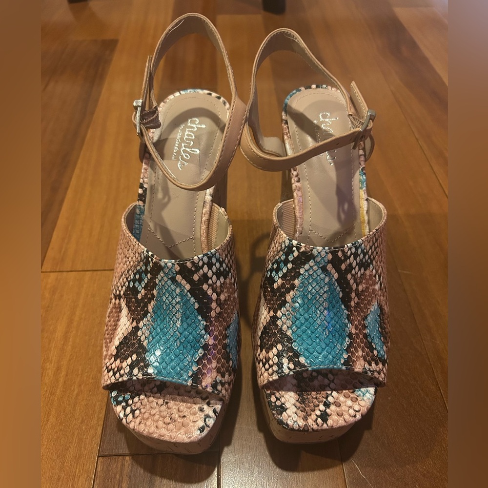 Charles by Charles David Dory Cork Platform Wedges Faux Python Snake Size 8M